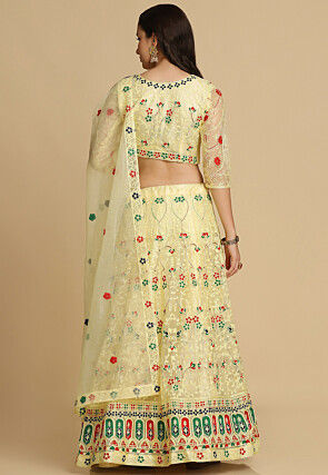 Embroidered Net Lehenga in Light Yellow