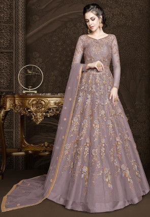 Embroidered Net Lehenga in Lilac