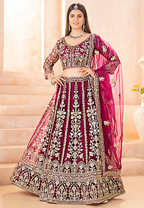 Embroidered Net Lehenga in Magenta