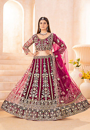 Embroidered Net Lehenga in Magenta