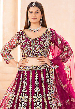 Embroidered Net Lehenga in Magenta