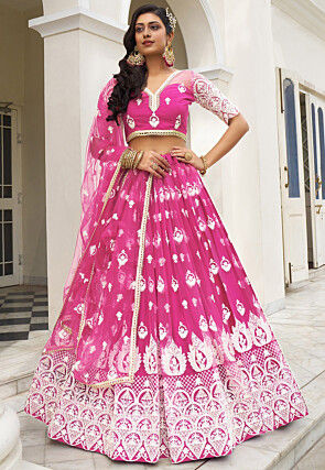 Embroidered Net Lehenga in Magenta