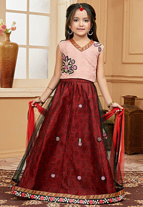 Embroidered Net Lehenga in Maroon and Black