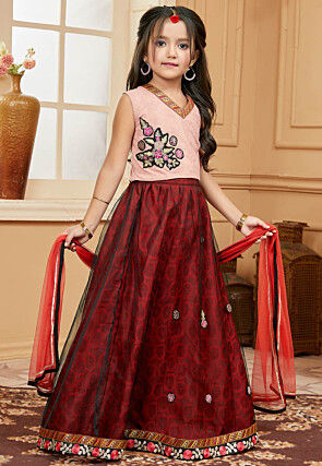 Embroidered Net Lehenga in Maroon and Black