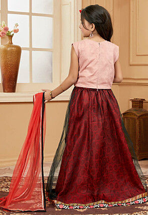 Embroidered Net Lehenga in Maroon and Black