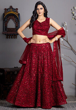 Embroidered Net Lehenga in Maroon