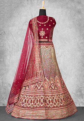 Embroidered Net Lehenga in Maroon