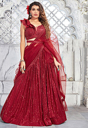 Embroidered Net Lehenga in Maroon