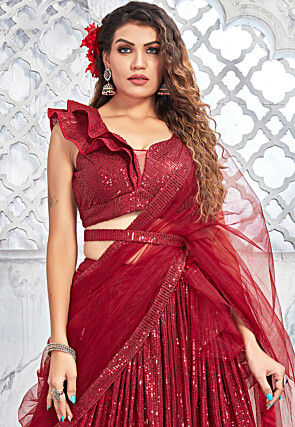 Embroidered Net Lehenga in Maroon