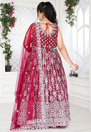 Embroidered Net Lehenga in Maroon