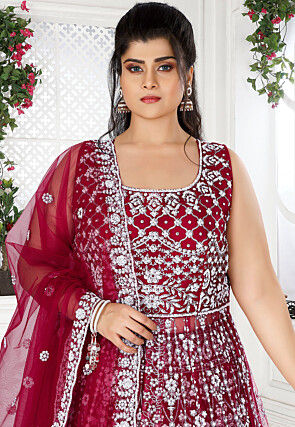 Embroidered Net Lehenga in Maroon