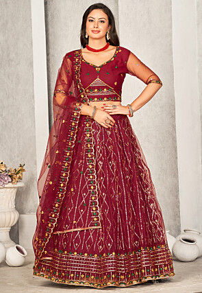 Embroidered Net Lehenga in Maroon