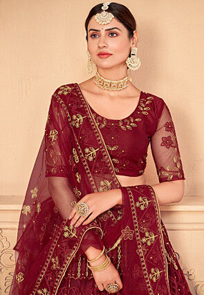 Embroidered Net Lehenga in Maroon