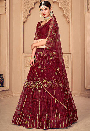Embroidered Net Lehenga in Maroon