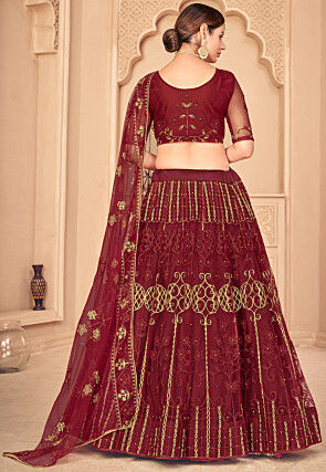 Embroidered Net Lehenga in Maroon