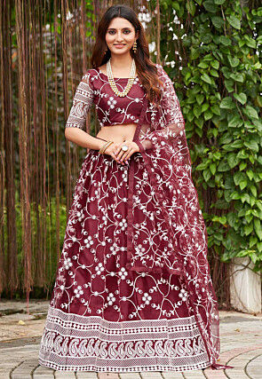 Embroidered Net Lehenga in Maroon