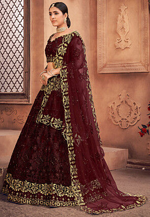 Embroidered Net Lehenga in Maroon