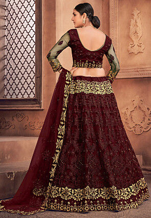 Embroidered Net Lehenga in Maroon