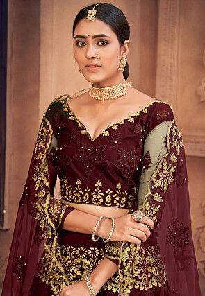 Embroidered Net Lehenga in Maroon