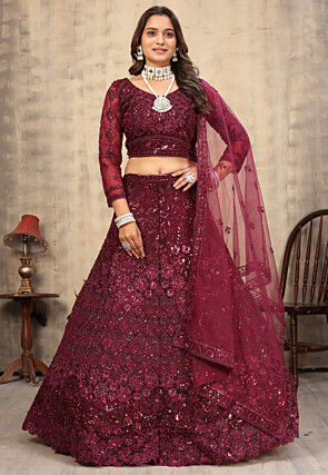 Embroidered Net Lehenga in Maroon