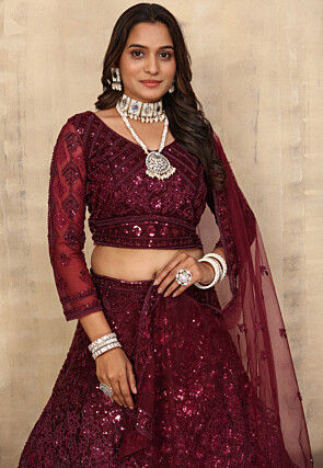 Embroidered Net Lehenga in Maroon