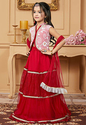 Embroidered Net Lehenga in Maroon