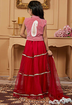 Embroidered Net Lehenga in Maroon