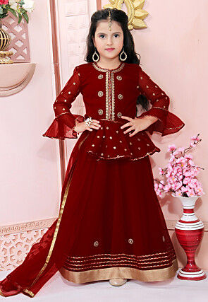 Embroidered Net Lehenga in Maroon