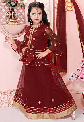 Embroidered Net Lehenga in Maroon
