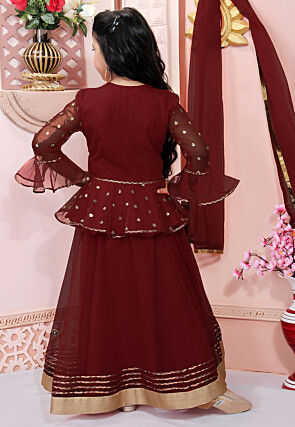 Embroidered Net Lehenga in Maroon
