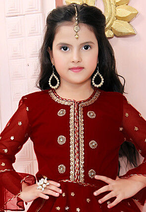 Embroidered Net Lehenga in Maroon