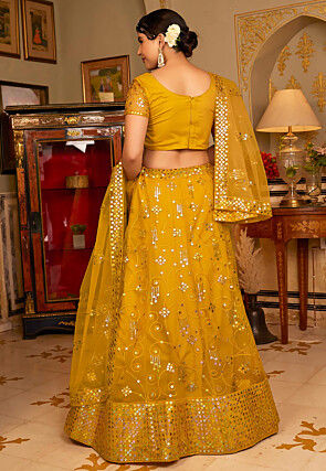Embroidered Net Lehenga in Mustard