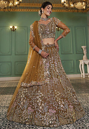 Embroidered Net Lehenga in Mustard
