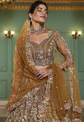 Embroidered Net Lehenga in Mustard
