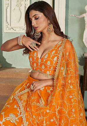 Embroidered Net Lehenga in Orange