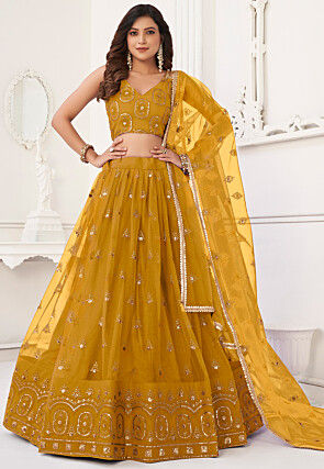 Embroidered Net Lehenga in Mustard