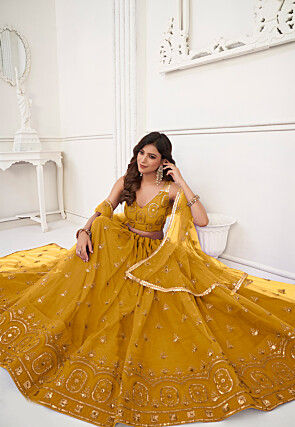 Embroidered Net Lehenga in Mustard