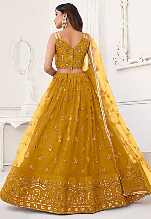 Embroidered Net Lehenga in Mustard