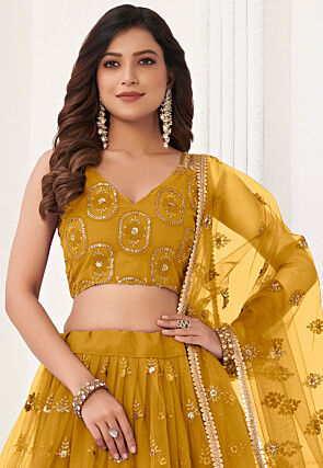 Embroidered Net Lehenga in Mustard