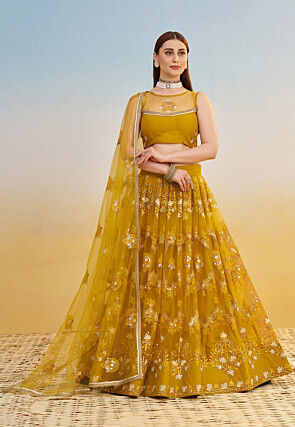 Embroidered Net Lehenga in Mustard