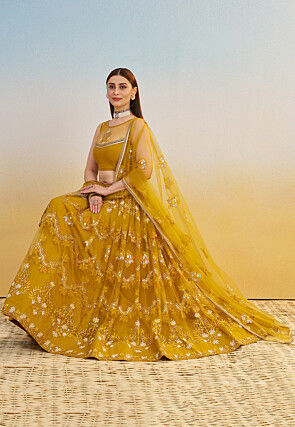 Embroidered Net Lehenga in Mustard