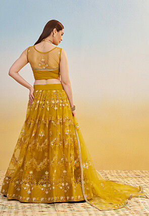 Embroidered Net Lehenga in Mustard