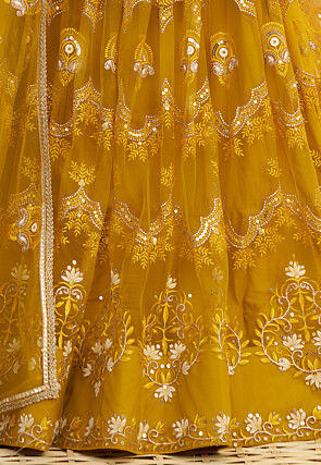 Embroidered Net Lehenga in Mustard