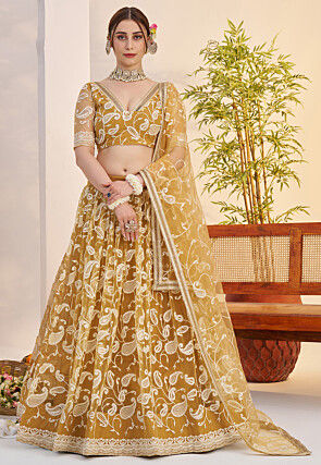 Embroidered Net Lehenga in Mustard