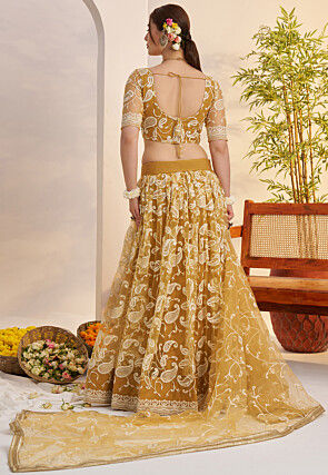 Embroidered Net Lehenga in Mustard