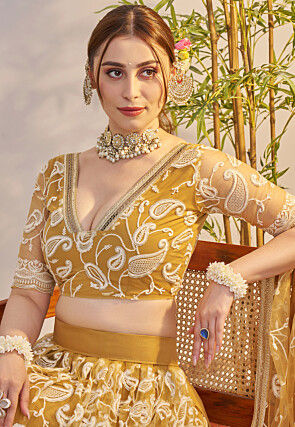 Embroidered Net Lehenga in Mustard