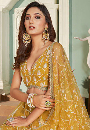 Embroidered Net Lehenga in Mustard