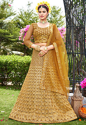 Embroidered Net Lehenga in Mustard