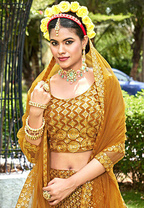 Embroidered Net Lehenga in Mustard