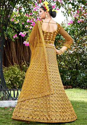Embroidered Net Lehenga in Mustard